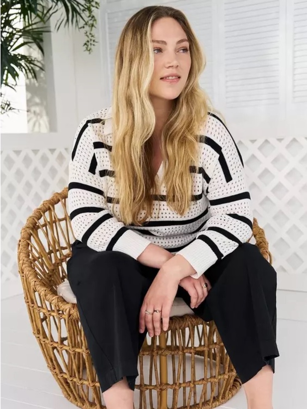 Torrid Belle Isle Pointelle White and Navy V-Neck Pullover Polo Sweater